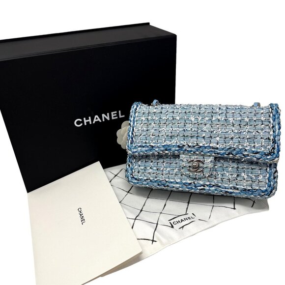 CHANEL19C Blue Braided Tweed Classic Medium Double Flap Bag Silver Hardware - Picture 1 of 14
